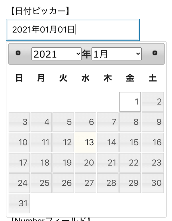 WordPressプラグインMW WP Form 日付ピッカー入力画面キャプチャ