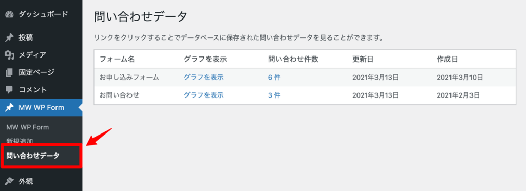 WordPressプラグイン MW WP Form データベース保存メニュー